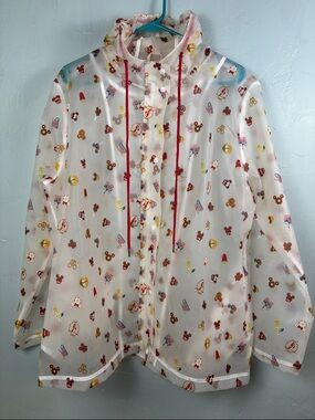 Disney Parks Hooded Raincoat, White and Red w/ Snacks and Icons design.